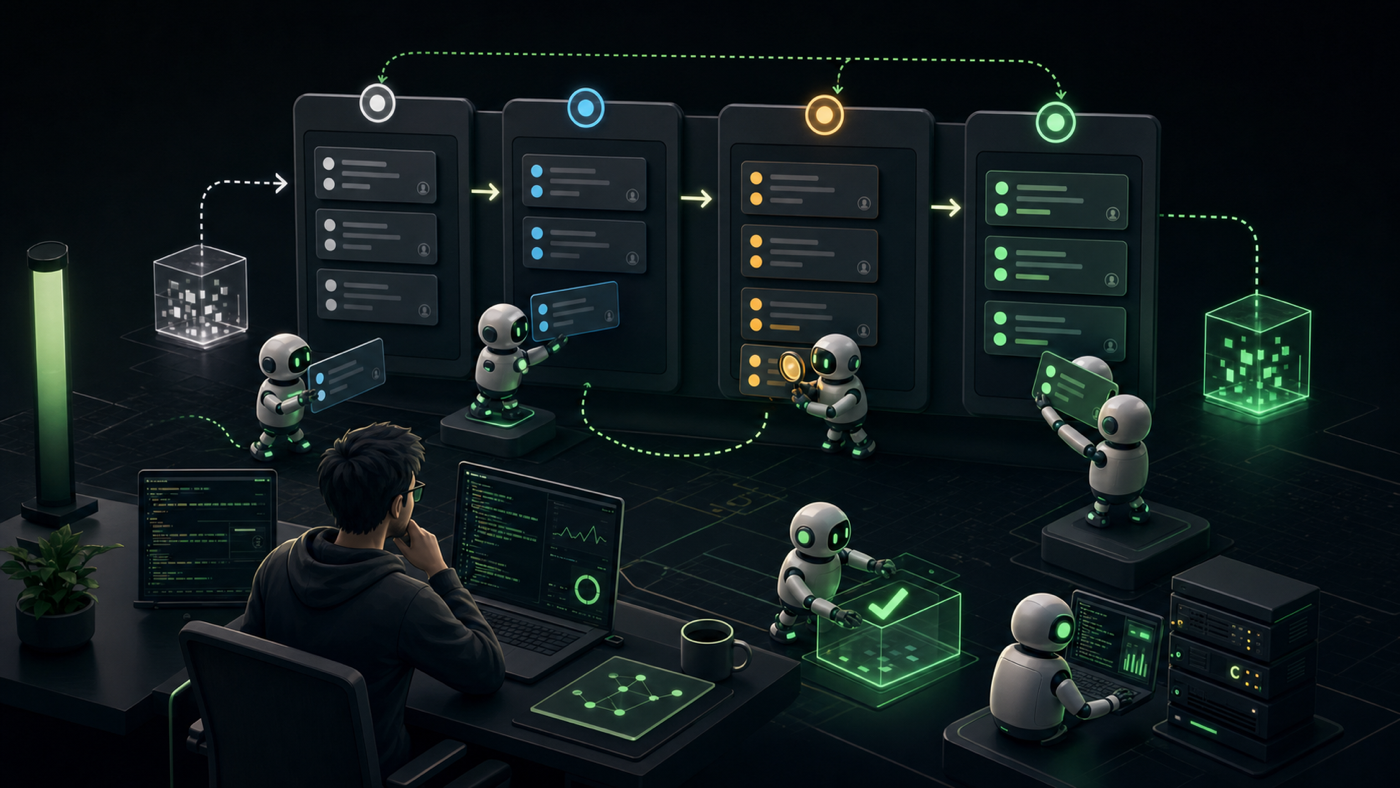 An engineer hands Asana board cards off to several AI robots, each taking turns reading tickets, writing code, and testing