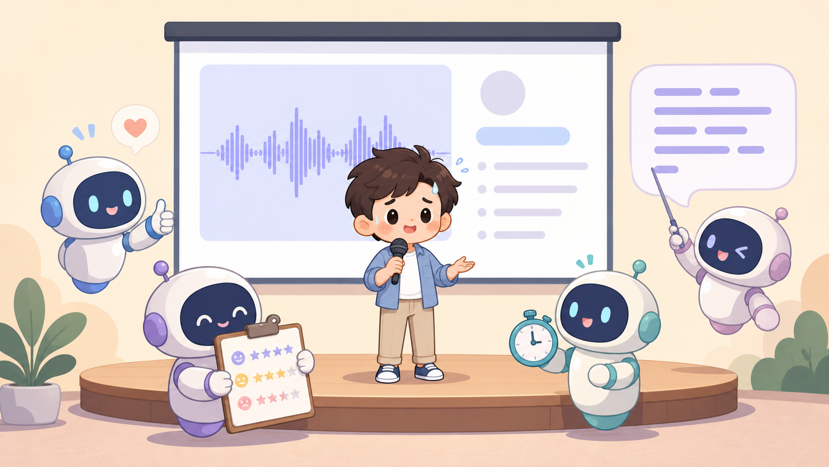 A person standing on stage practicing a talk against a screen showing an audio waveform, surrounded by a few AI robots acting like coaches helping to review