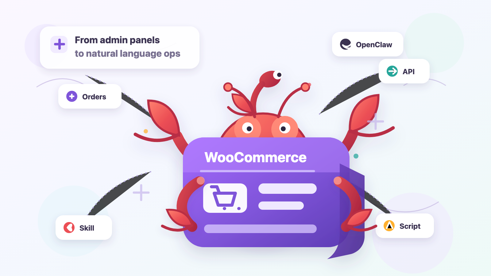 A chibi lobster hugging a WooCommerce ecommerce box