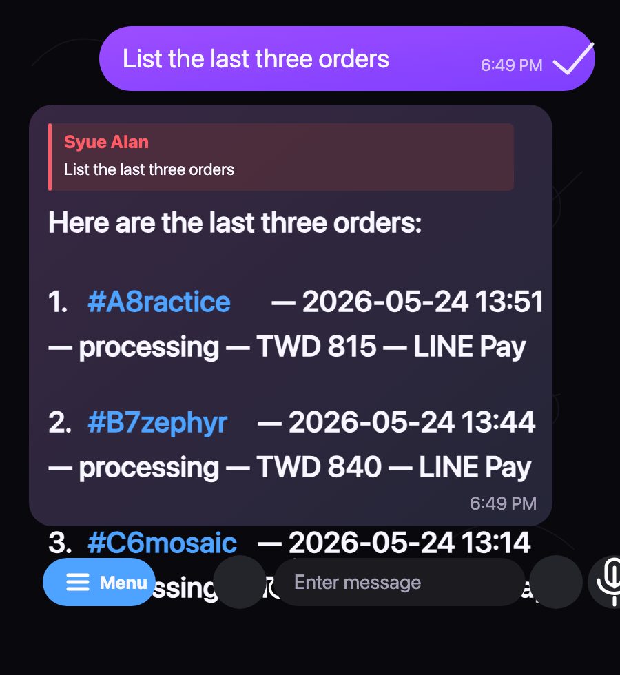 A Telegram-style example of querying recent WooCommerce orders through natural language